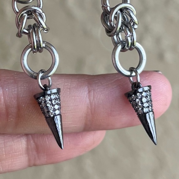 Handmade maille cz black spike dangly stainless steel earrings boho goth silver - Picture 3 of 11